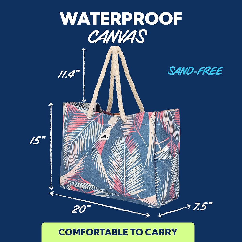 Amazon.com: SUN NINJA XL Canvas Beach Tote Bag - Water-Resistant